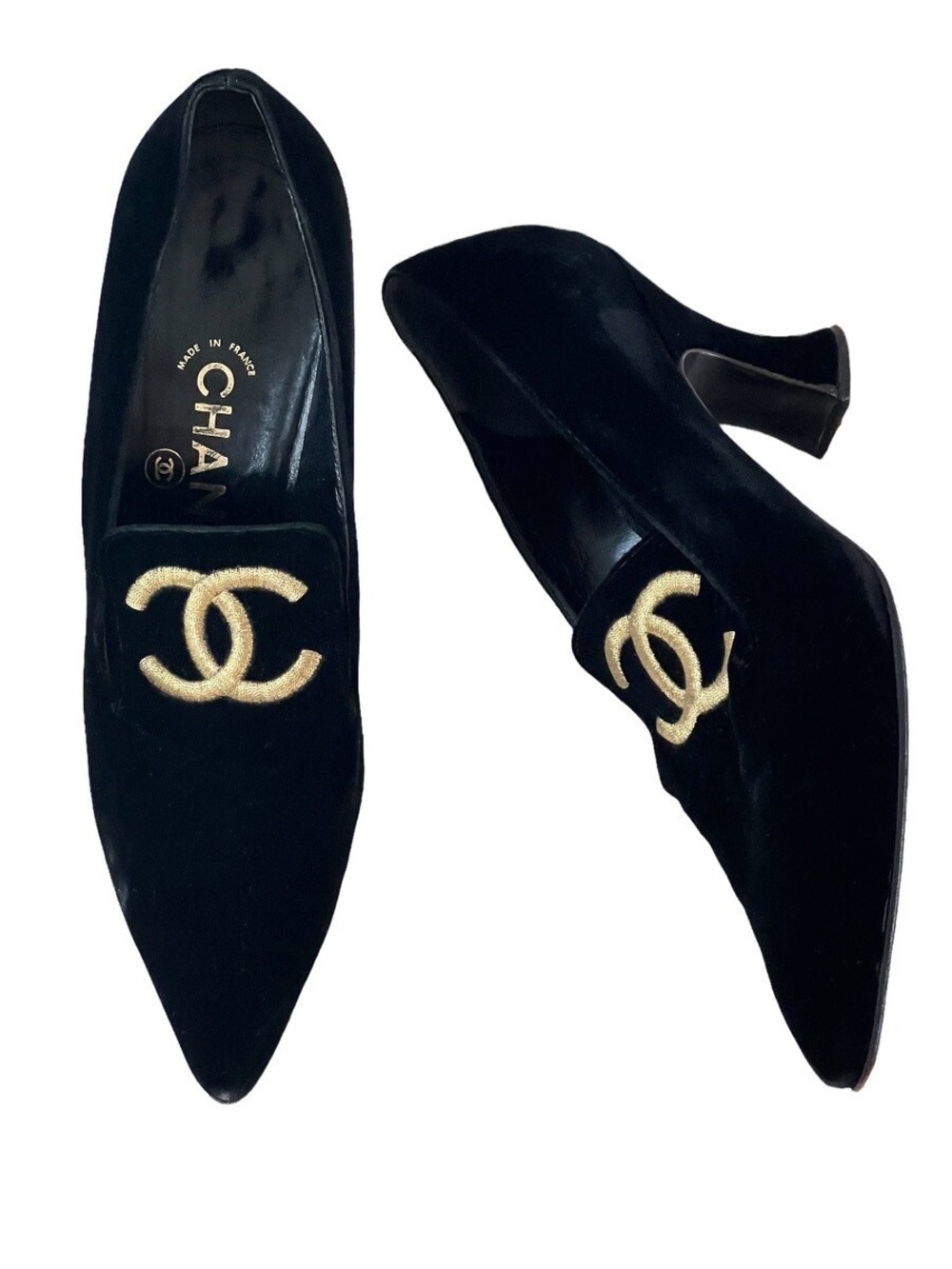 CHANEL CC Logo Rare Vintage Velvet Shoes Loafer Heels 37.5